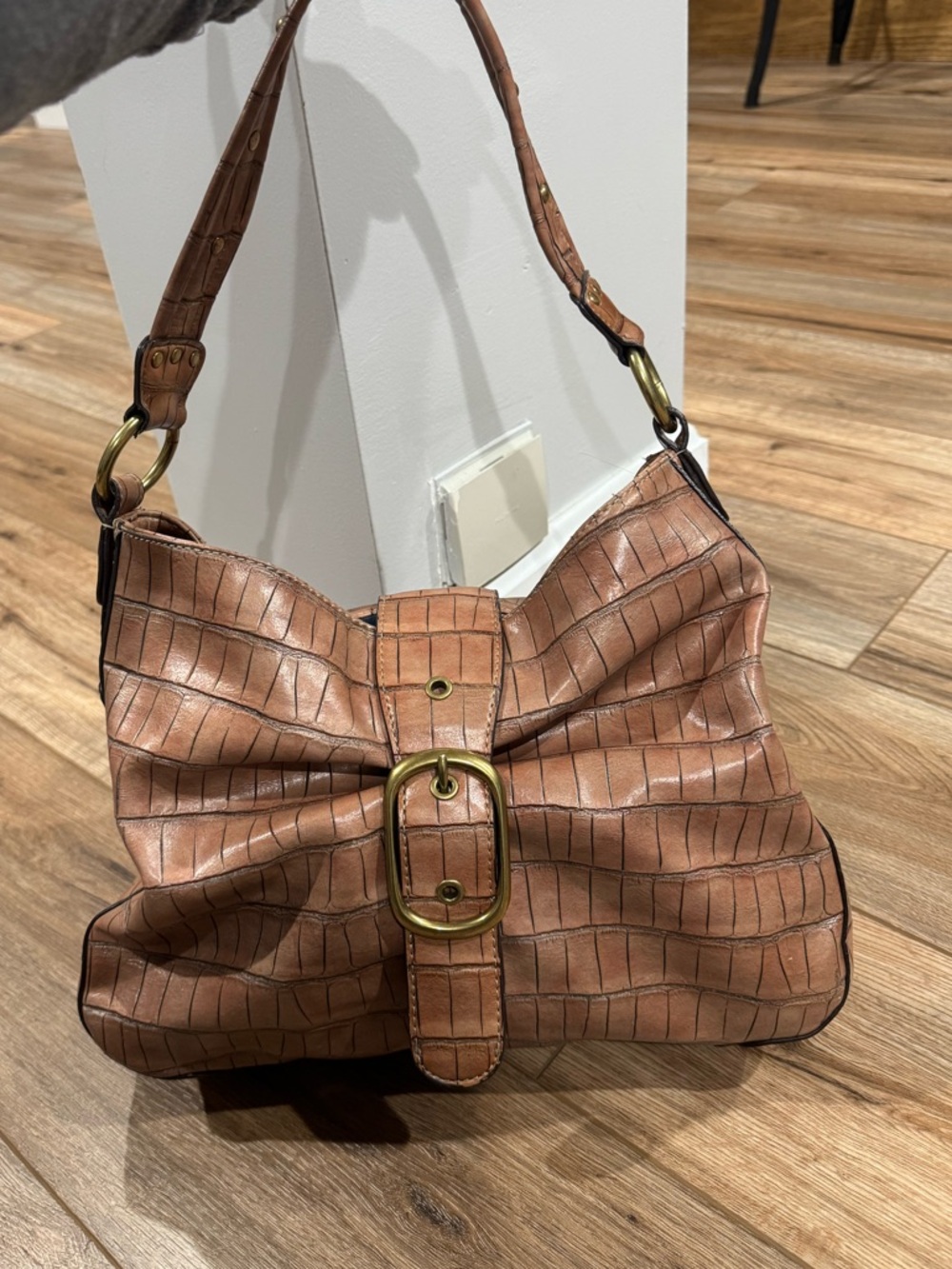 NINE WEST Vintage 2000s Y2k Tan Crocodile Print Shoulder Bag